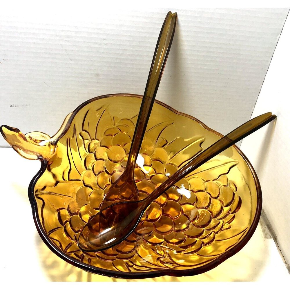 INDIANA GLASS  Amber Grape Bunch Shape 1970 s Salad Serving Bowl Fork Spoon